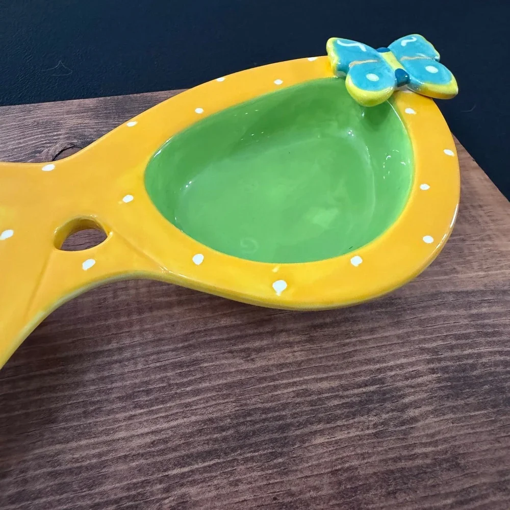 Dennis East Ceramic Sunglasses Divided Serving Dish Yellow Polka Dot Butterfly